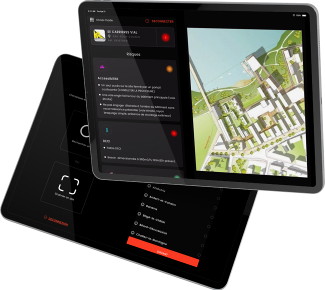 tablette double tablette, application, QR code, plan d'intervention, plan du site